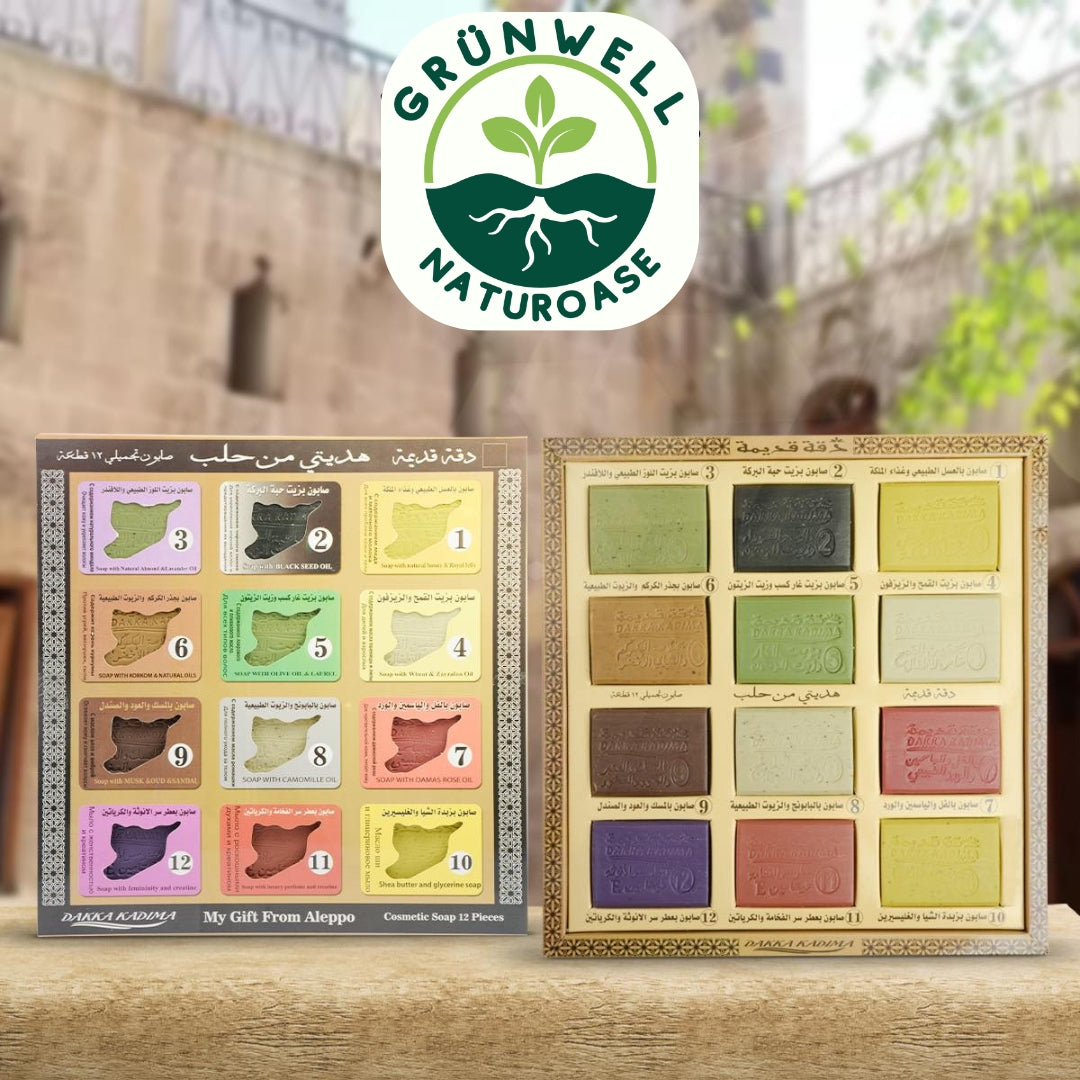 Aleppo Naturseife Geschenkbox – 12 verschiedene Sorten | je ca. 80 g 🌿