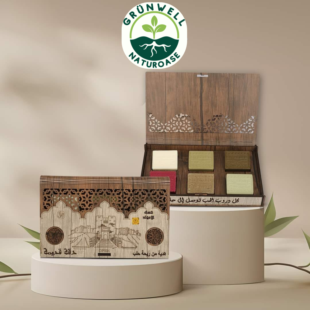 Aleppo Seife Geschenkbox aus Holz – 6 Stück à ca. 80 g | Handgefertigte Naturseifen🌿