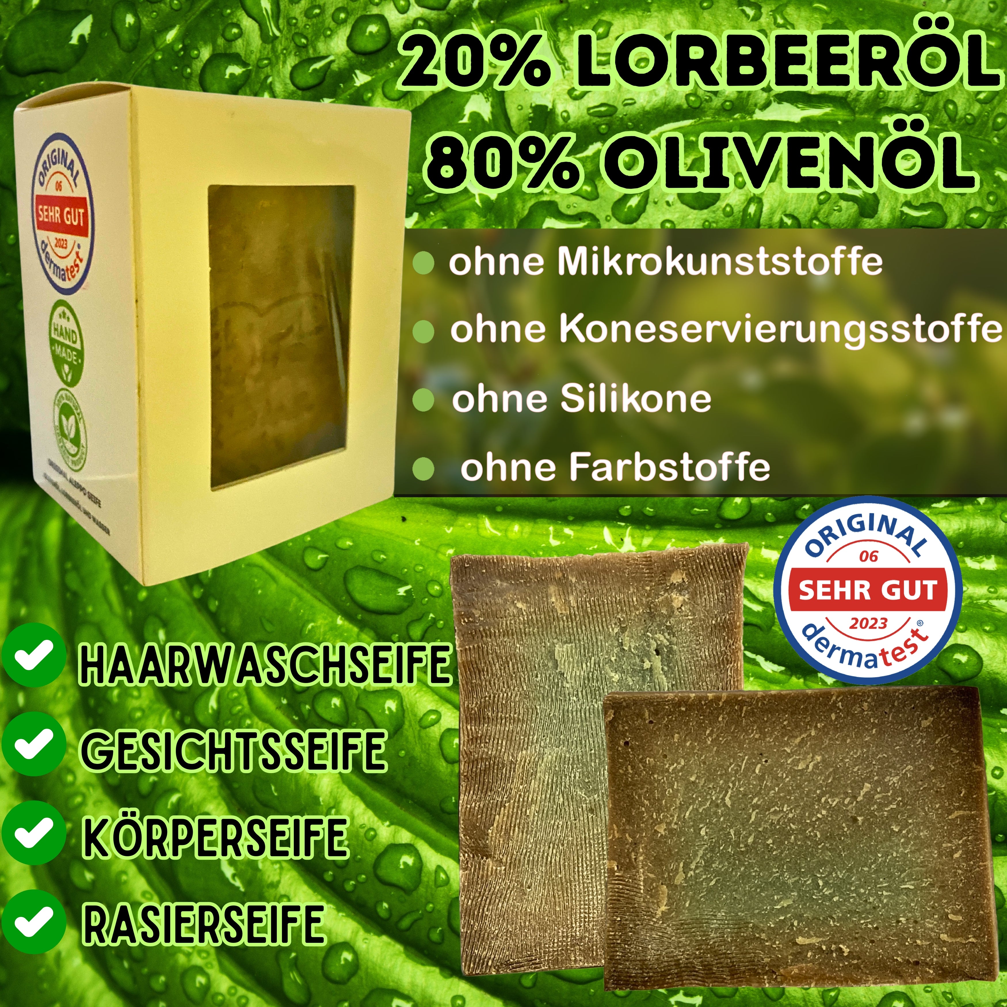 Aleppo Seife Original 190g mit 20% Lorbeeröl 80% Olivenöl