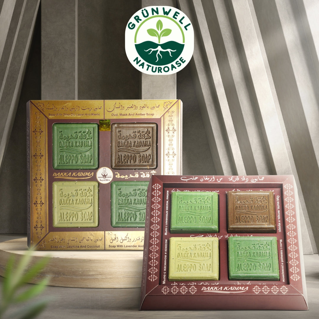 Aleppo Seife Geschenkset – 4 Stück | Olivenöl & Lorbeer, Oud & Amber, Lavendel, Jasmin 🌿