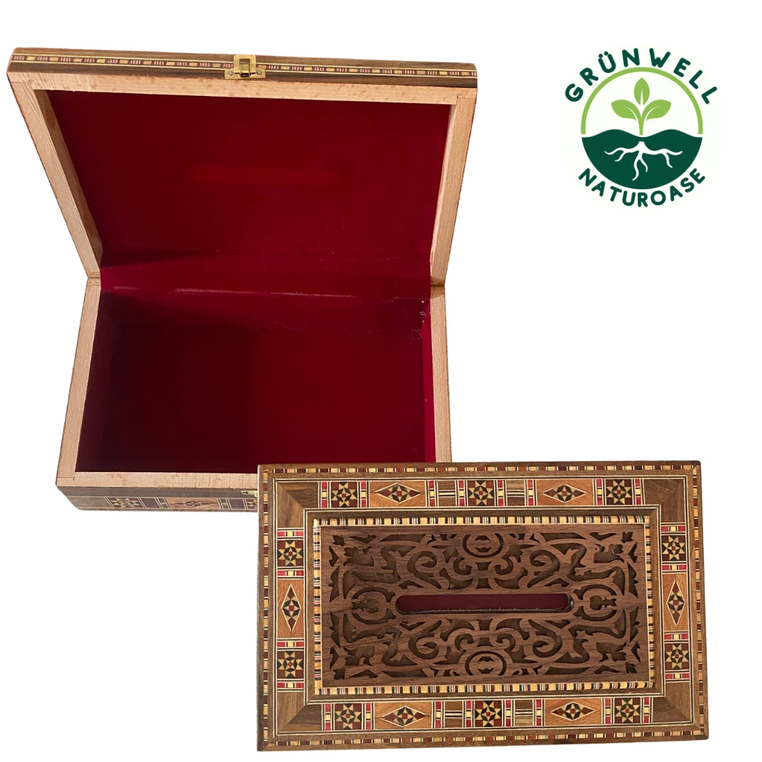 Handgefertigte Mosaikbox aus Holz – Orientalische Geschenkbox & Tissue-Box (29×17,5×7,5 cm) | Schmuck- & Aufbewahrungsbox mit Samt-Innenfutter