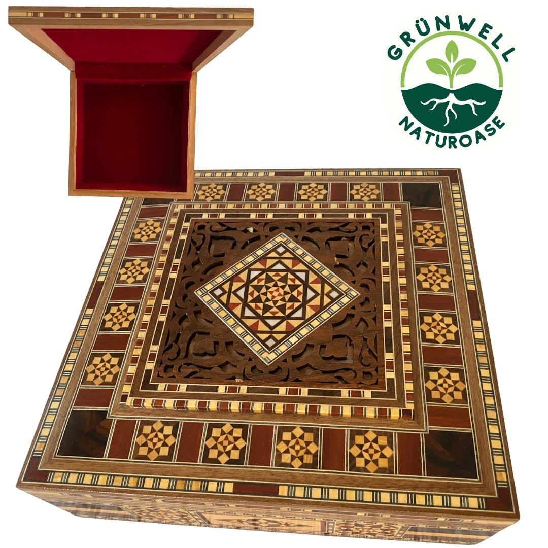 Handgefertigte Mosaikbox 25x25 cm – Orientalische Holz Geschenkbox & Schmuckbox | Dekorative Aufbewahrungsbox mit Samt-Innenfutter