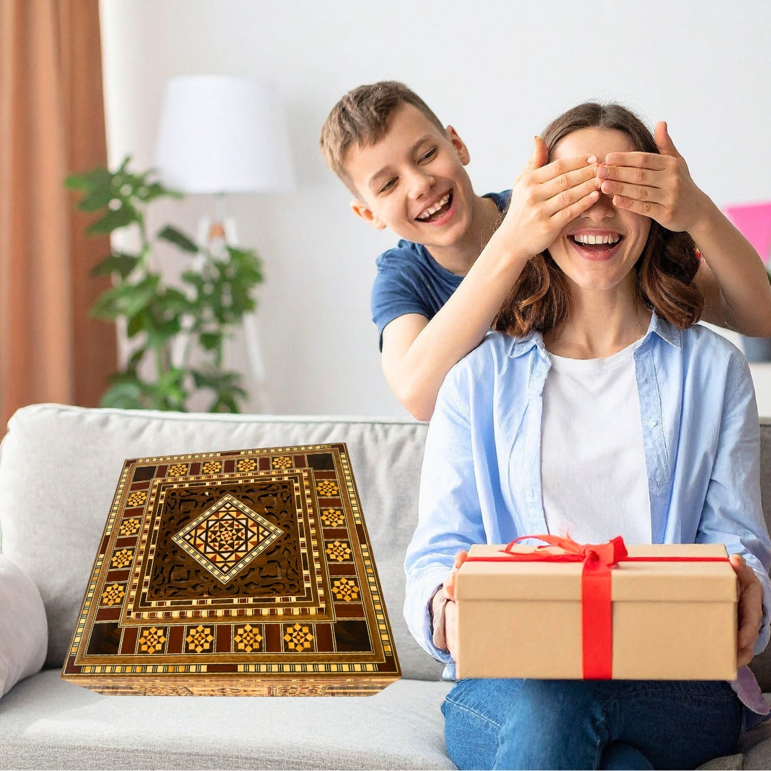 Handgefertigte Mosaikbox 25x25 cm – Orientalische Holz Geschenkbox & Schmuckbox | Dekorative Aufbewahrungsbox mit Samt-Innenfutter